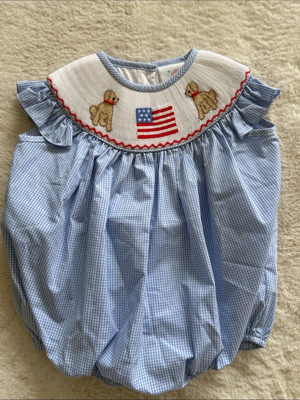Sticky Fish USA Flag Smocked Blue Gingham Bubble Rompers Set - Size 9 months